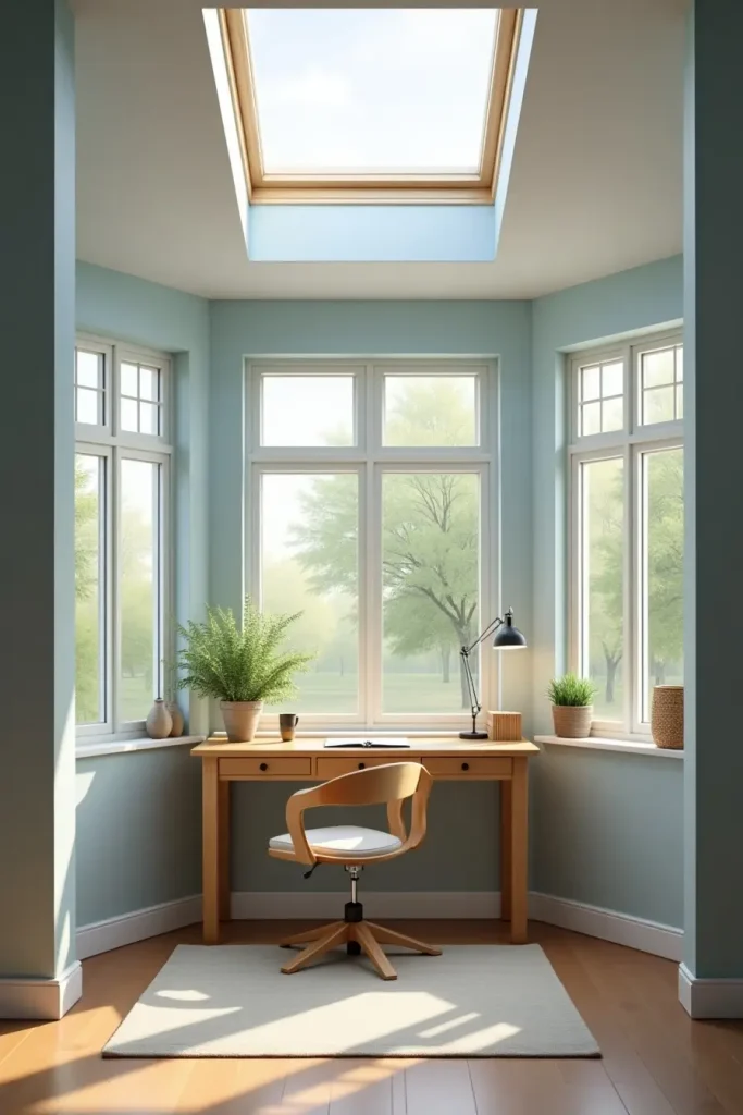 Bright backyard office with soft blue walls, wood desk, skylight, and plant in a cheerful design.