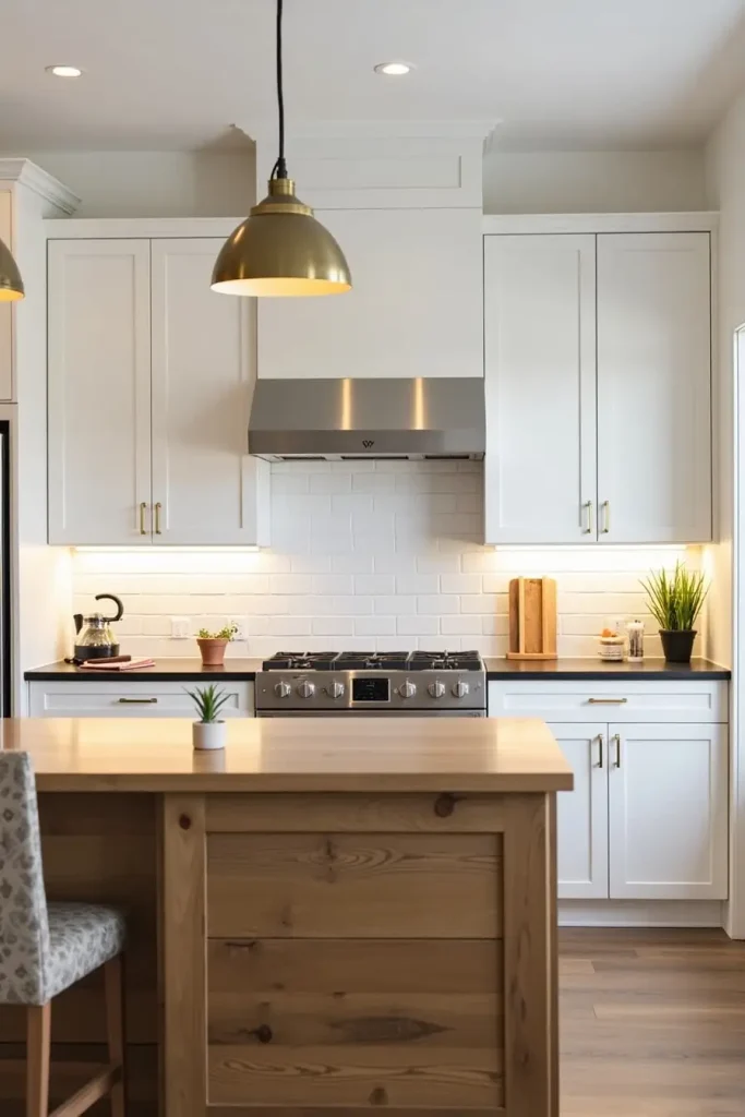 Kitchen with brass pendant lights and warm under-cabinet LEDs creating a cozy, modern glow.