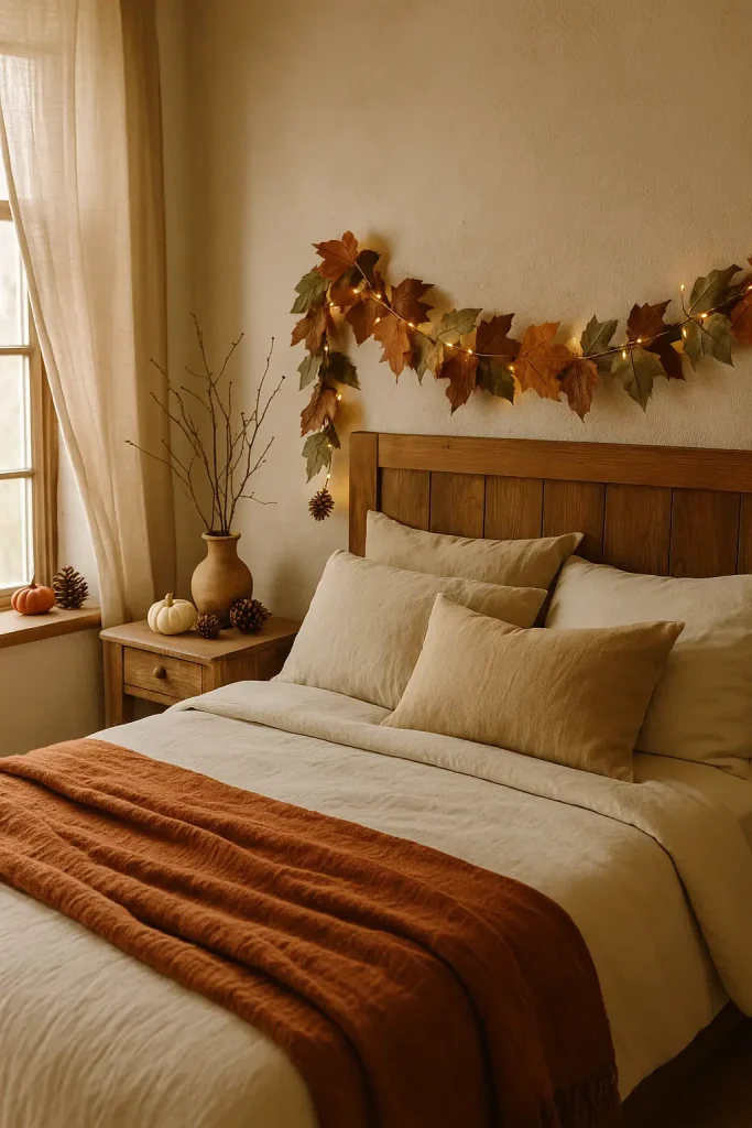 Rustic fall bedroom with leaf garland, mini pumpkins, pinecones, and cozy natural textures.