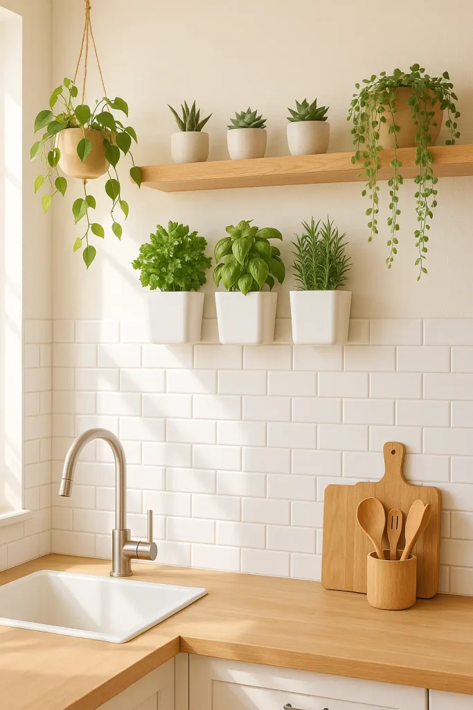 Kitchen with wall planters, hanging herbs, and succulents on shelves, bathed in warm natural light.