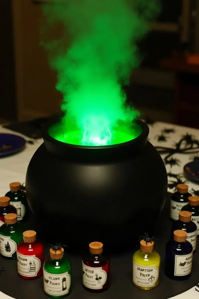 Black cauldron with green fog, potion bottles, and spiders as a witchy Halloween table centerpiece.
