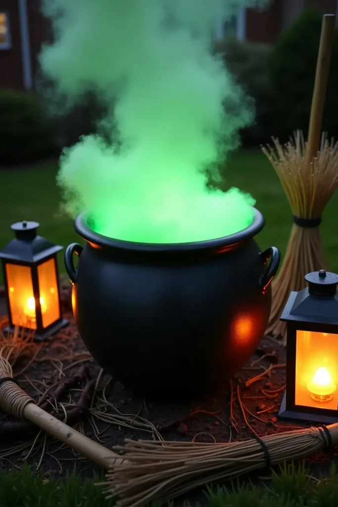 Witch’s cauldron bubbling with smoky green mist, broomsticks, and lanterns for a spooky yard.