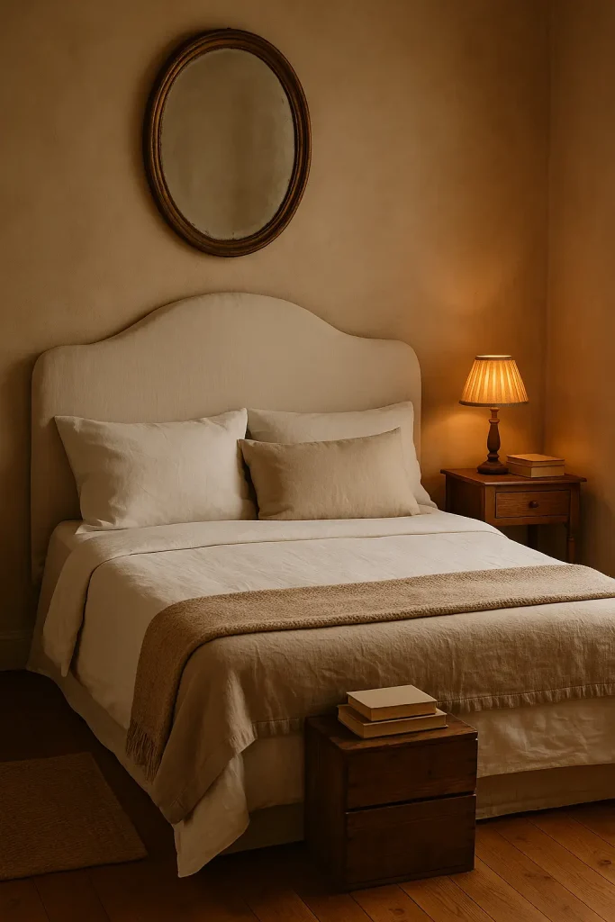 Cozy bedroom with DIY headboard, vintage lamp, simple bedding, and thrifted mirror for charm.