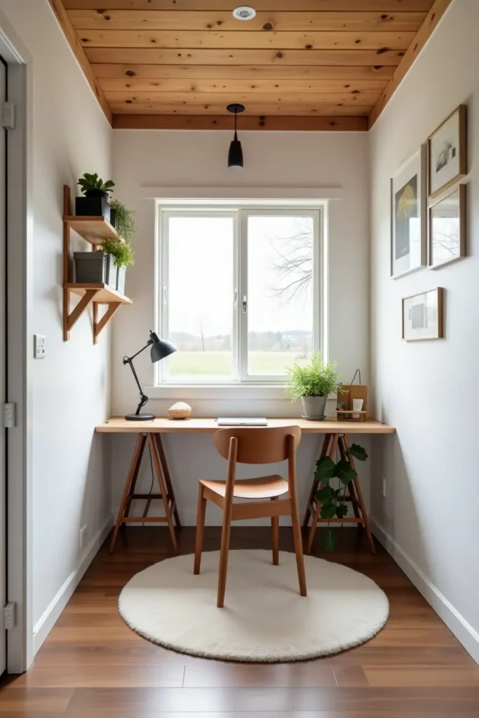 Cozy shed office with white walls, cedar ceiling, vinyl floor, and small desk for budget-friendly style.
