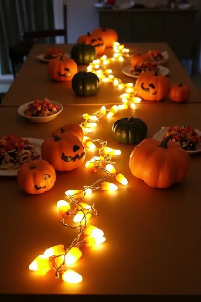 Glowing candy corn garland centerpiece with fairy lights on a playful Halloween table.