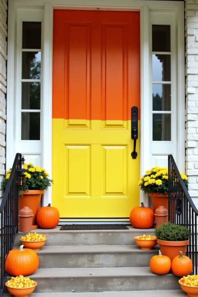 Front door decorated as a giant candy corn with bold white, orange, and yellow stripes.