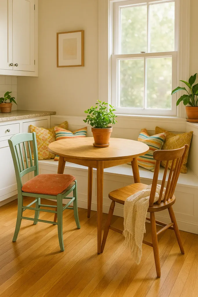 Sunny breakfast nook with thrifted chairs, cushions, small round table, and potted plant centerpiece.