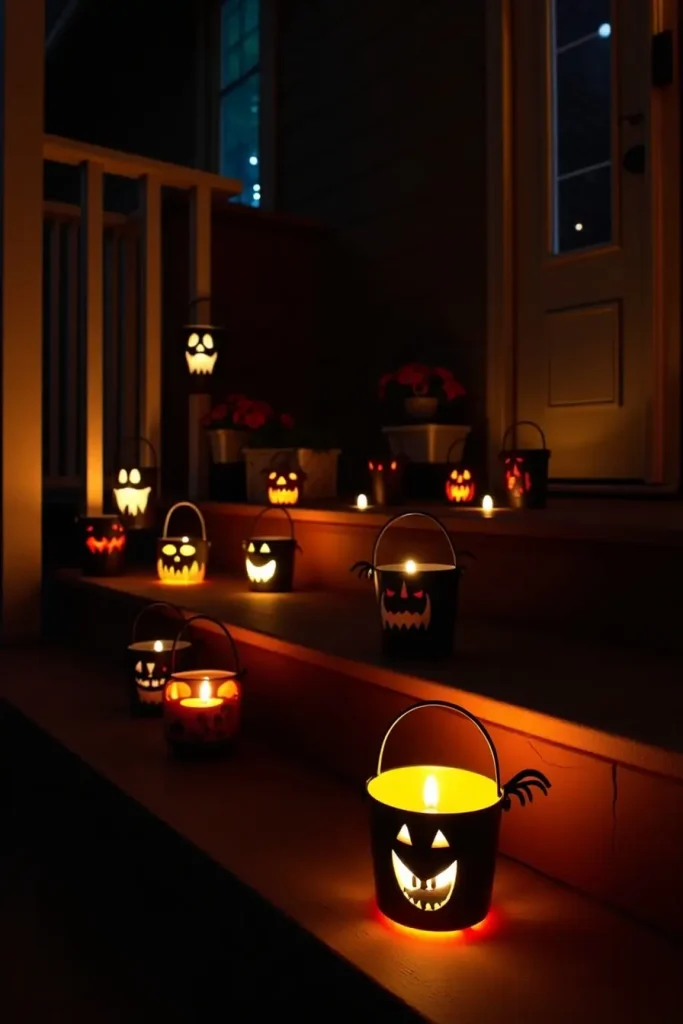 Glowing Halloween buckets with bat cutouts and LED candles casting spooky patterns on steps.