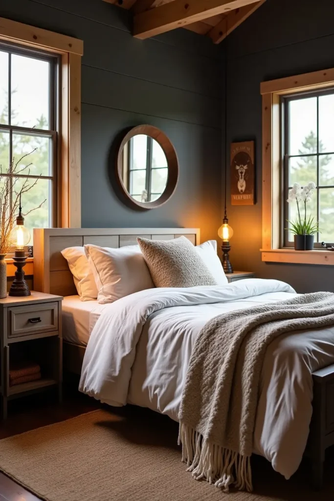 Western bedroom with charcoal wall, rustic bed, neutral bedding, jute rug, and warm ambient lighting.