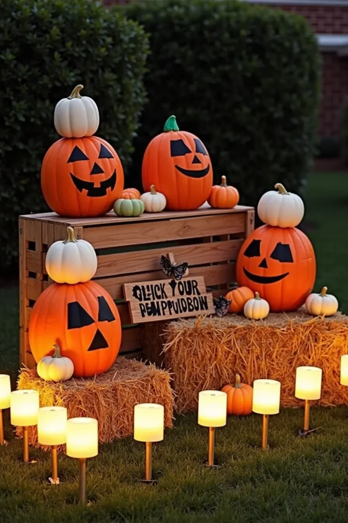 Pumpkin patch setup with stacked faux pumpkins, pastel accents, and glowing solar stake lights.