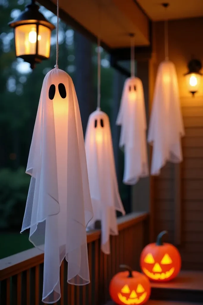 Floating cheesecloth ghosts with felt eyes hanging on a porch for cute, spooky Halloween décor.