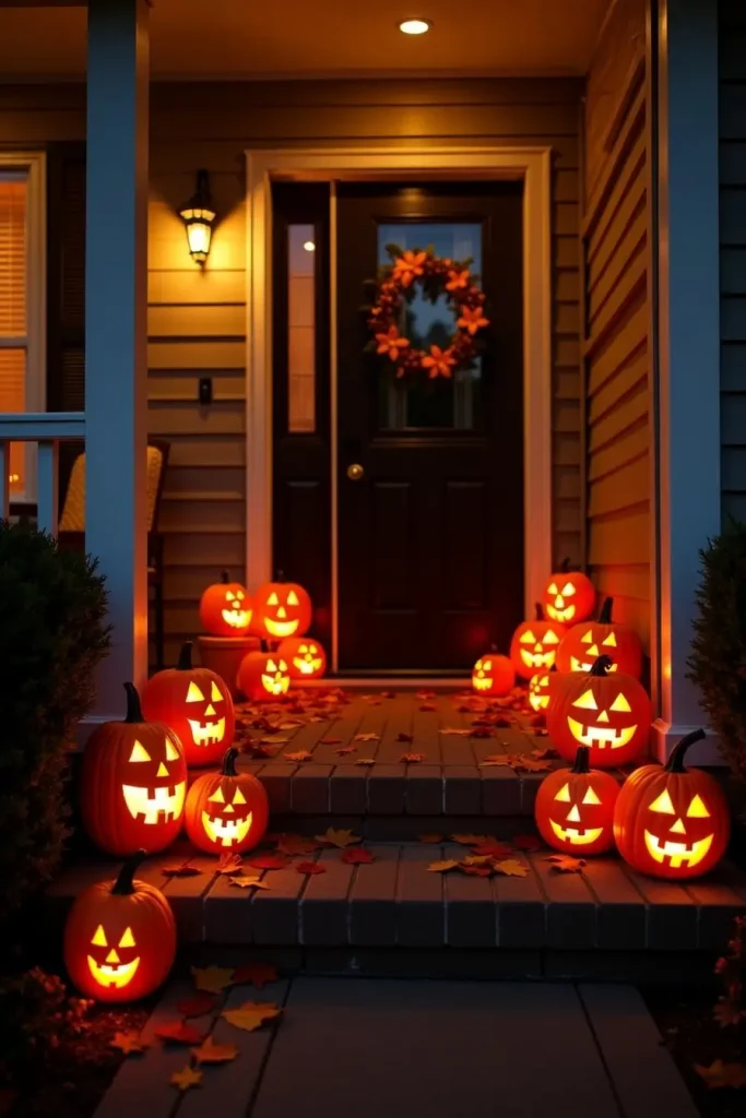 Glowing jack-o’-lanterns of varying sizes decorate a front door for a classic Halloween porch display.