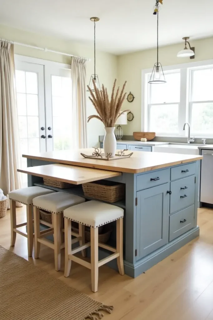 Coastal blue island with pull-out dining, woven storage, and light wood stools for a fresh beachy kitchen.