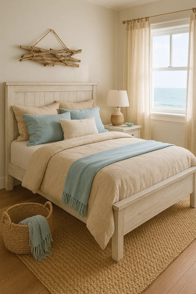 Coastal bedroom with sandy tones, blue accents, driftwood decor, sheer curtains, and woven textures.