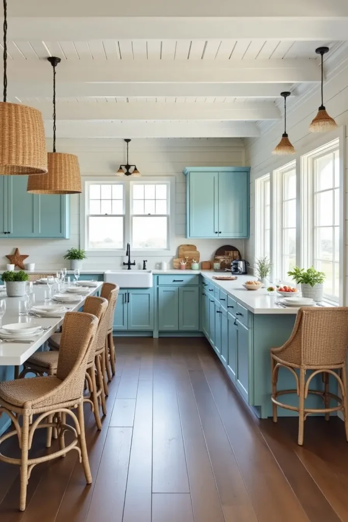 Coastal open kitchen with soft blues, wicker accents, and rope details for a breezy seaside vibe.