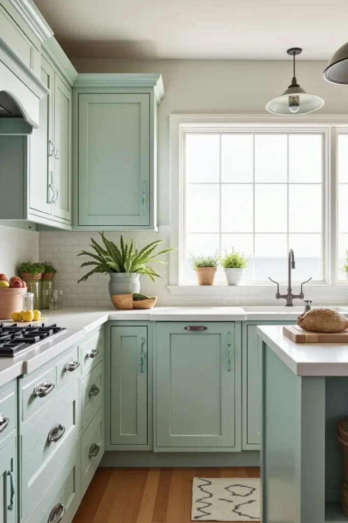 Coastal kitchen with sage cabinets, weathered wood, sea glass hardware, and white tile backsplash.
