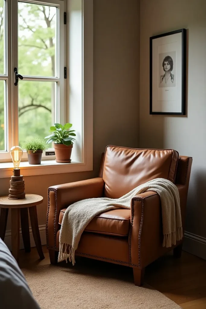 Western bedroom corner with distressed leather armchair, woven throw, lamp, and greenery outside window.