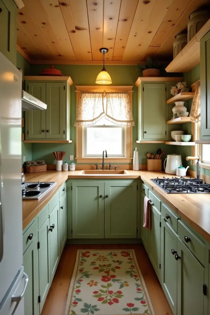 Cottage kitchen with sage cabinets, knotty pine accents, and floral curtains for rustic charm.