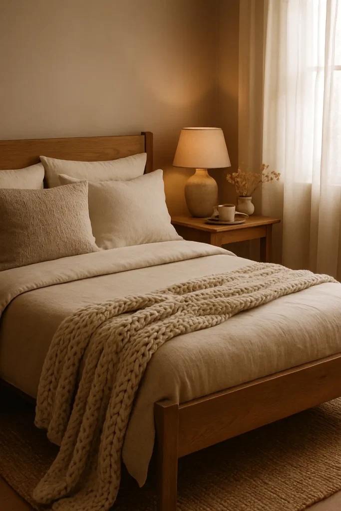 Cozy bedroom with beige bedding, wooden bed frame, knit blanket, and warm neutral textures throughout.