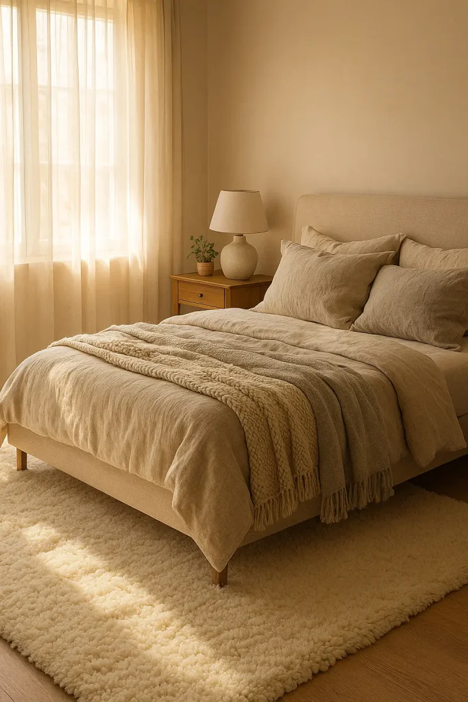 Cozy bedroom with plush ivory rug under bed, linen bedding, and warm neutral decor elements.