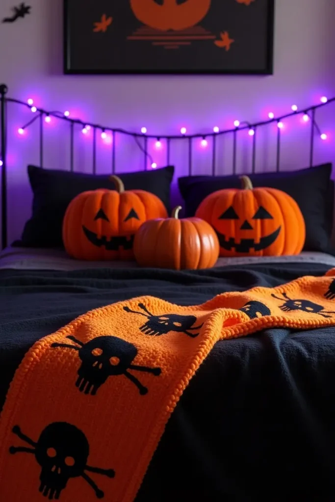Chunky knit Halloween throw with pumpkin and skull designs draped on a cozy fall bed.