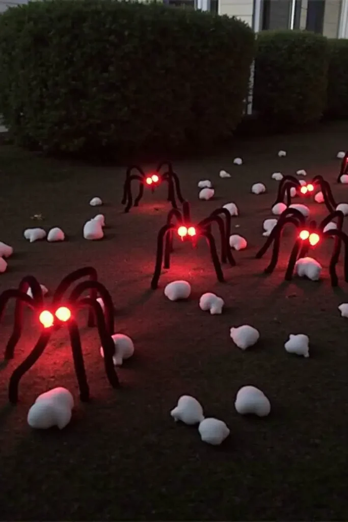DIY black pipe cleaner spiders with glowing LED eyes crawling on webs and bushes for Halloween decor.ti