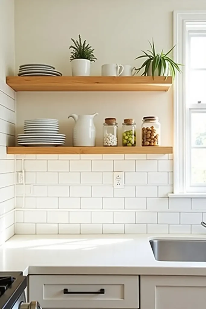 Small kitchen with floating wood shelves, white dishes, plants, and a bright, airy feel.