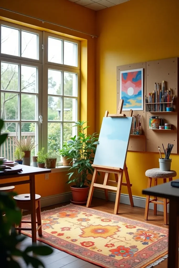 Backyard art studio with mustard walls, big windows, easel, pegboards, and bright rug for creativity.