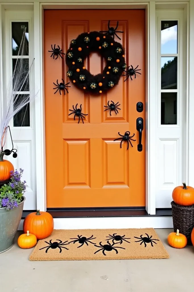 Halloween doormat with spider design layered on neutral rug, framed by pumpkins and web décor.