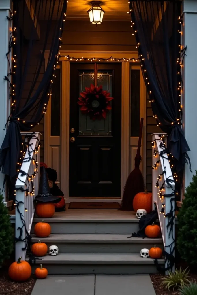 Haunted porch with torn curtains, pumpkins, skulls, and glowing fairy lights.