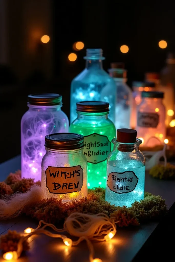 Glowing potion bottle cluster with spooky labels and colored water on a Halloween table runner.