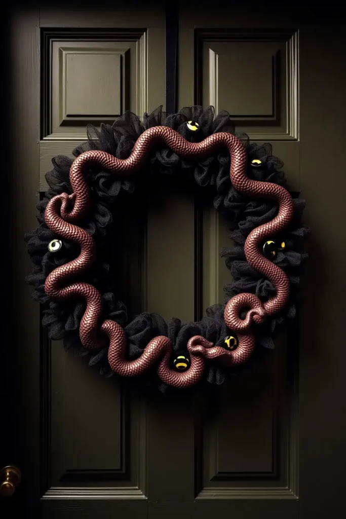 Black mesh Halloween wreath with rubber snakes and googly eyes on a front door.