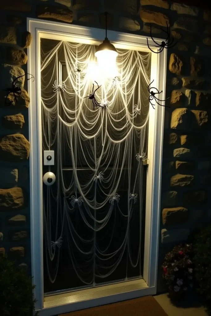 Front porch door covered in layered spider webs with plastic spiders for creepy Halloween decor.