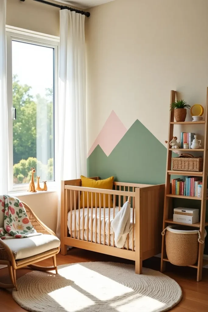 Boho nursery with ladder bookshelf, rainbow-arranged books, wooden crib, and cozy layered rugs.