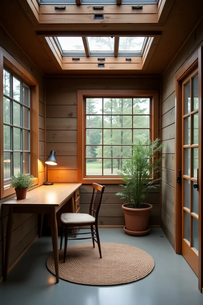 DIY backyard office with salvaged wood, reclaimed windows, skylight, desk, and cozy rug design.