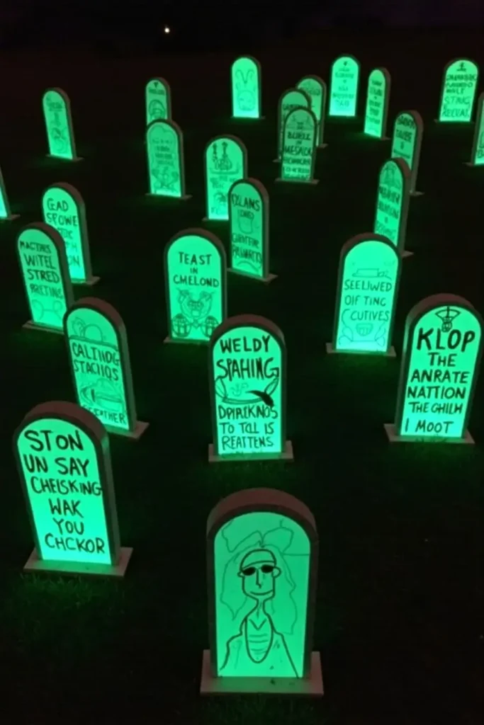 Foam board tombstones with glow paint names staked at angles for a spooky DIY graveyard.
