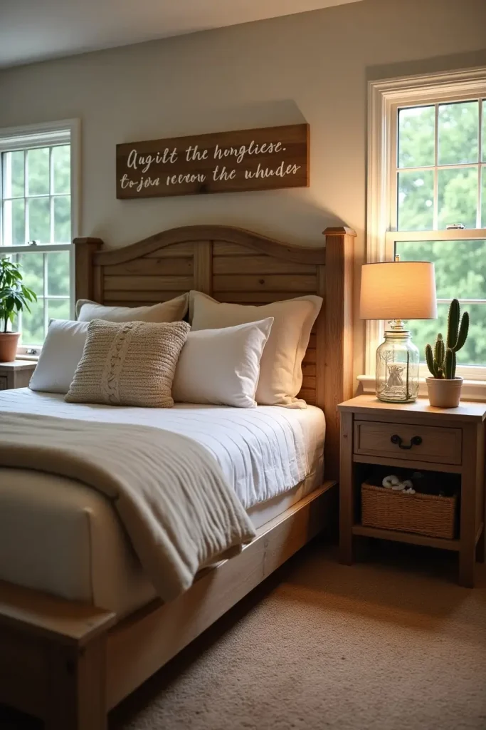 Western bedroom with mason jar lamp, wooden cowboy quote sign, neutral bedding, and greenery outside.