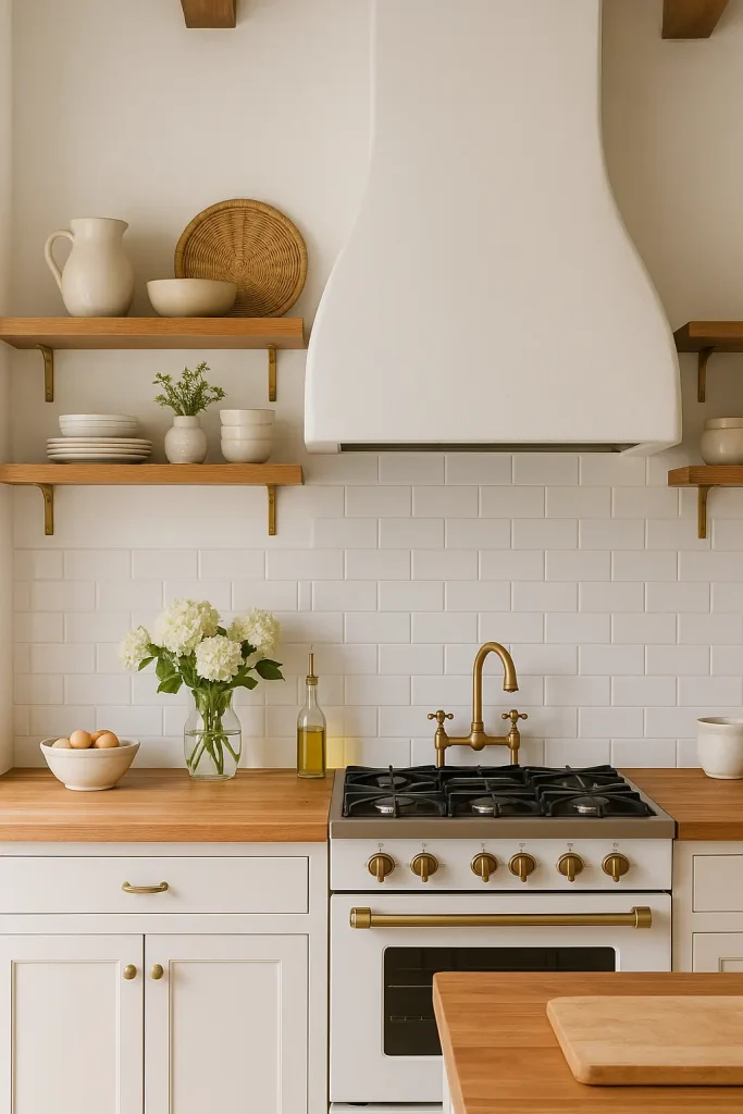 Kitchen with white plaster-look range hood, wood shelves, and warm farmhouse accents.