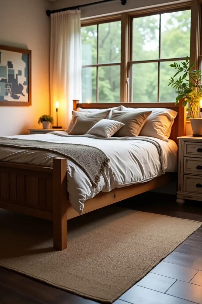 Western bedroom with dark wood floors, light jute rug, neutral bedding, and greenery outside window.