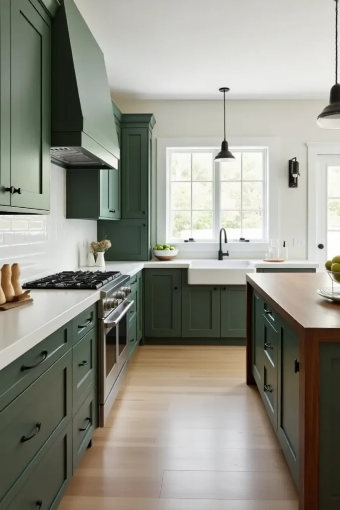 Modern kitchen with deep sage cabinets, dark wood counter edges, matte finishes, and light walls.