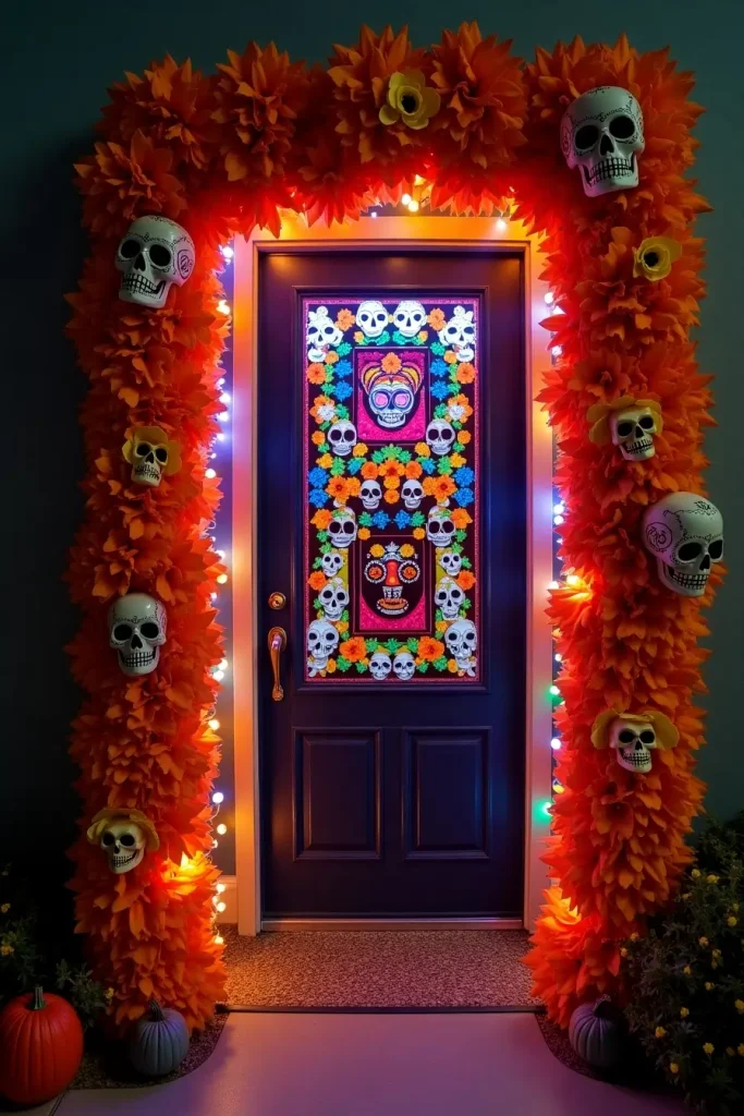 Doorway with marigold flowers, skull banners, and LED lights in a Día de los Muertos theme.