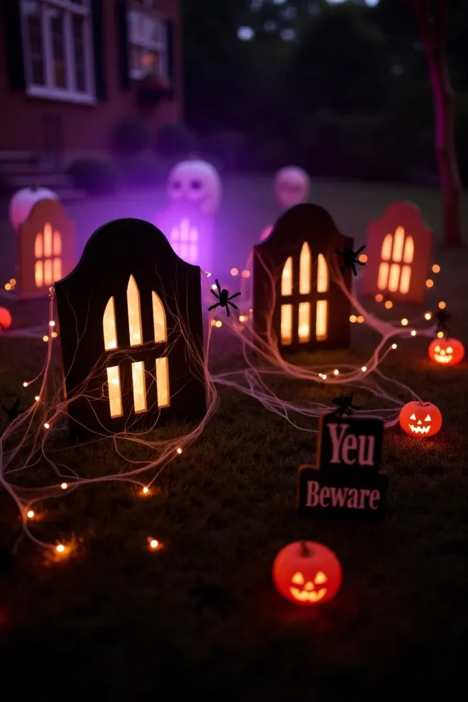 DIY dollar store tombstones, webs, and lights create a spooky Halloween yard on a budget.