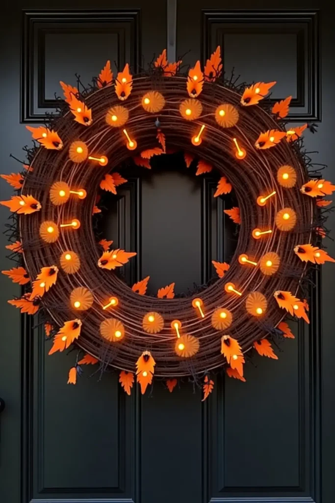 Halloween wreath with black and orange ribbons, bats, and glowing lights decorates a front door.