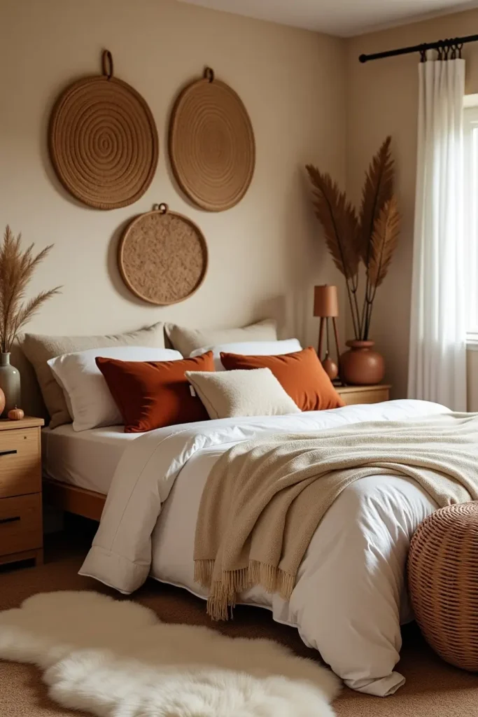 Romantic bedroom with terracotta accents, cream tones, and woven wall art for a warm, earthy vibe.