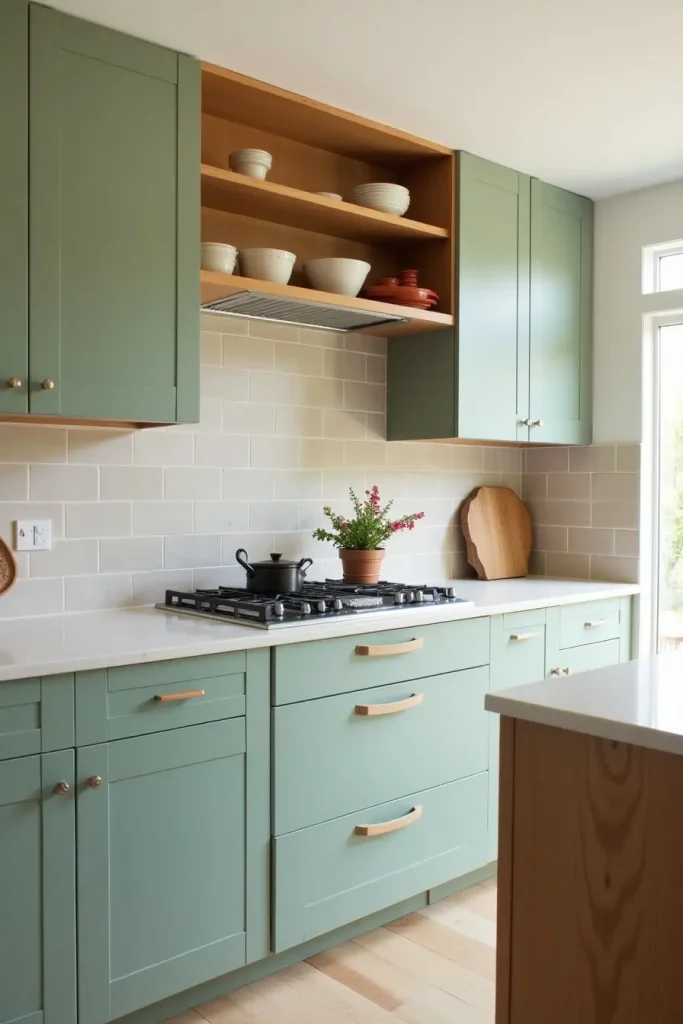 Eco-friendly kitchen with sage cabinets, recycled wood accents, and clean neutral tile backsplash.
