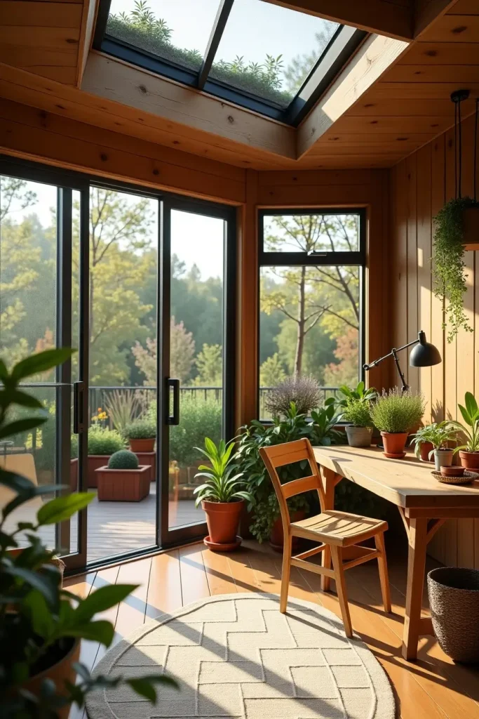 Eco-friendly studio with reclaimed wood, solar panel, bamboo desk, herbs, and rainwater catcher.