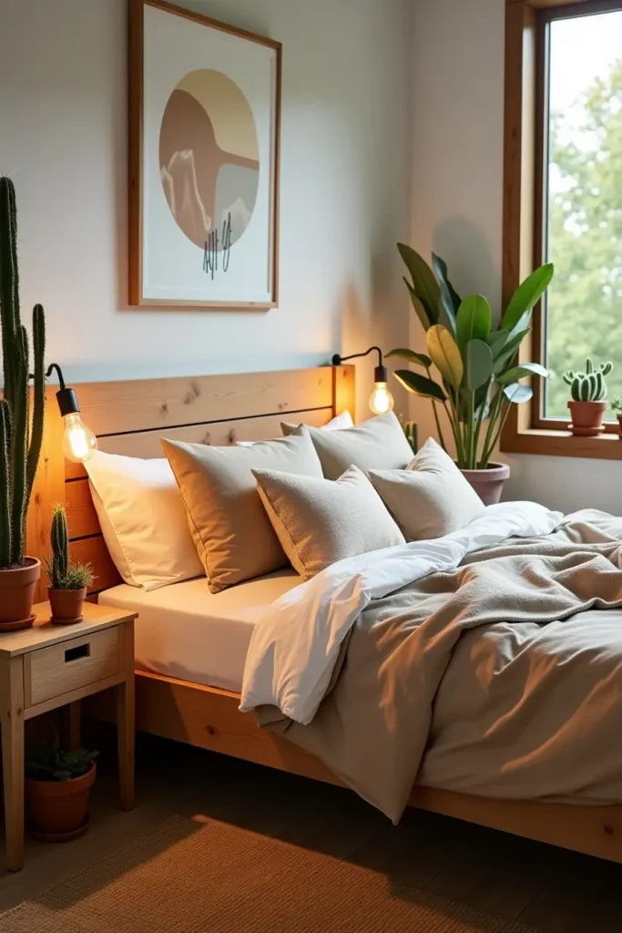 Eco-friendly western bedroom with reclaimed wood bed, organic bedding, desert plants, and greenery outside.