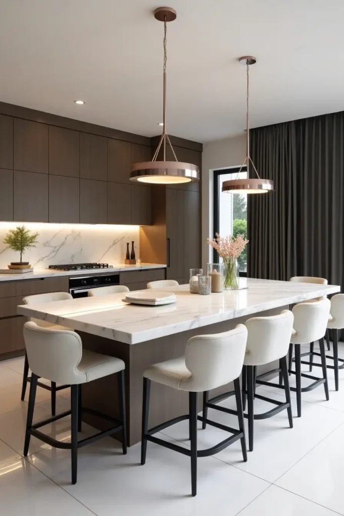 Marble waterfall island with dining overhang seating 6, pendant lights and cushioned stools in a luxury kitchen.