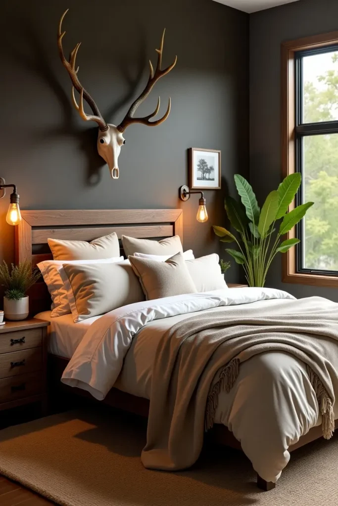 Western bedroom with espresso wall, faux antlers above bed, neutral bedding, and greenery outside window.