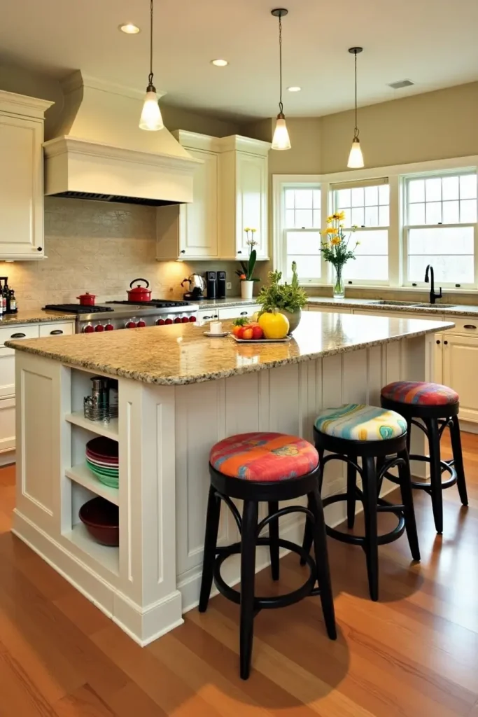 Extra-large tiered kitchen island with granite tops, swivel stools, and shelves for prep, dining, and storage.